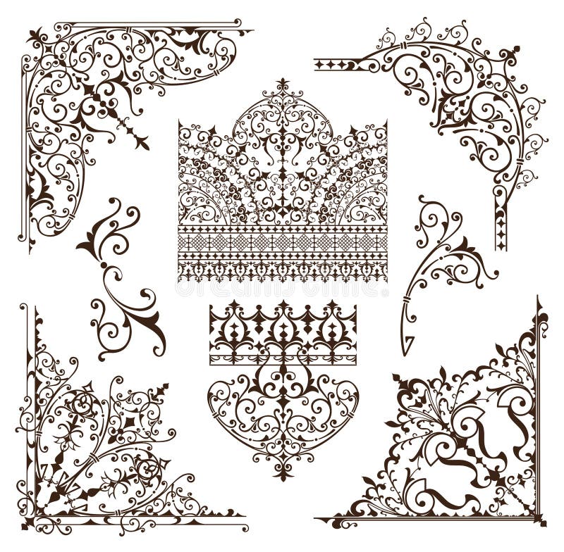 Oriental ornaments borders decorative elements with corners curls Arab and Indian patterns and frame