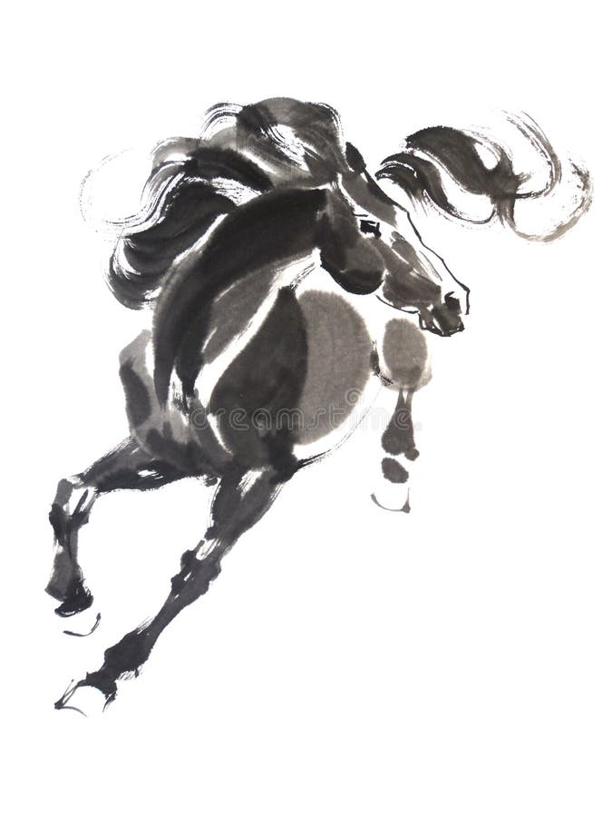 Oriental style painting of a running horse. Traditional chinese ink and wash painting isolated on white background. Original watercolor stock illustration,  painting of wild animal