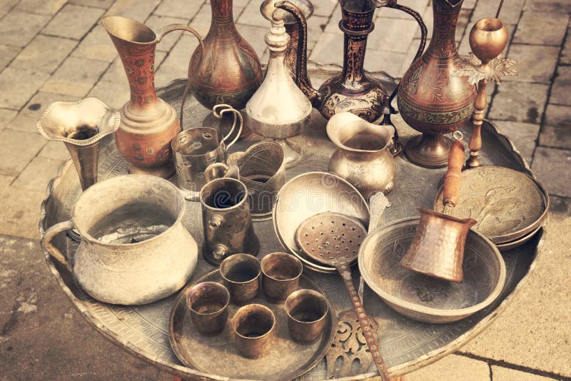 Oriental,Turkish,Azerbaijani ,vintage,silver, ceramic iron dishes for sale . Old kitchenware trays, teapots, coffee turks samovars