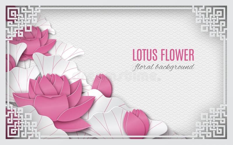 Oriental floral background with pink lotus flowers and ornate cut frame on white pattern backdrop for greeting card, paper cut out style. Caption Lotus flower, vector illustration. Oriental floral background with pink lotus flowers and ornate cut frame on white pattern backdrop for greeting card, paper cut out style. Caption Lotus flower, vector illustration