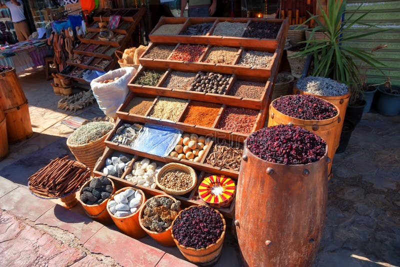 Oriental marketplace with spices, food ingredients and carcade. Oriental marketplace with spices, food ingredients and carcade