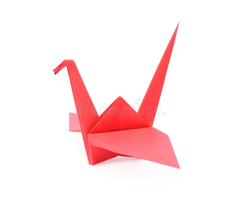 Origami Art. Beautiful Red Paper Crane Isolated on White Stock Image