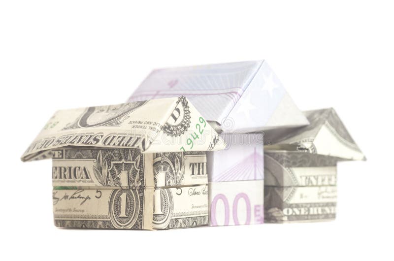 Origami dom robić 500 euro, 100 dolarów, jeden dolara banknoty obrazy stock Origami dom robić 500 euro, 100 dolarów, jeden dolara banknoty obrazy stock