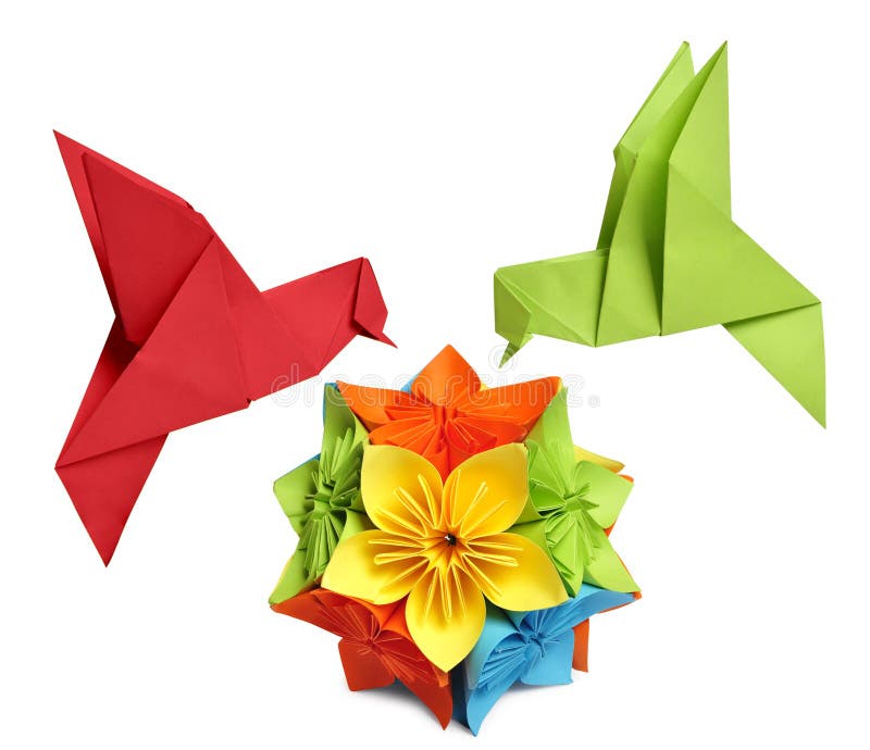 Origami humming-bird over flower kusudama over white background