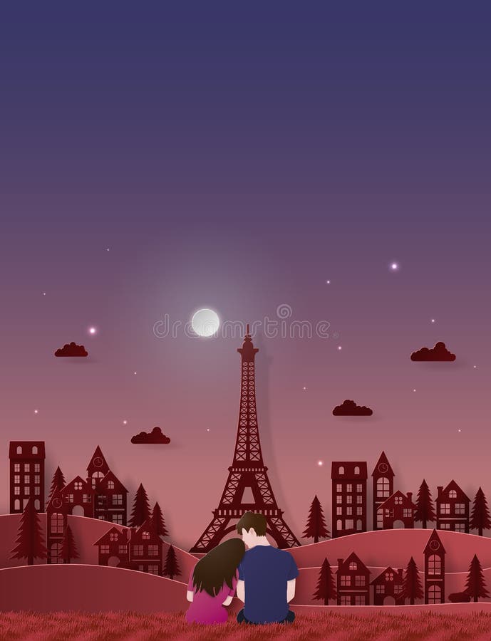 Origami hârtie artă de cuplu drăguț stând pe podeaua ierbii în sat cu turnul Eiffel. Origami Paper Art de cuplu drăguț stând pe podeaua ierbii în sat cu dragostea Eiffel Tower și Valentines Day fericit
