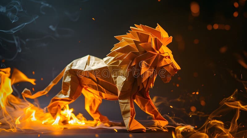 Origami Lion Surrounded by Fire – Artistic Paper Folding. vector illustration