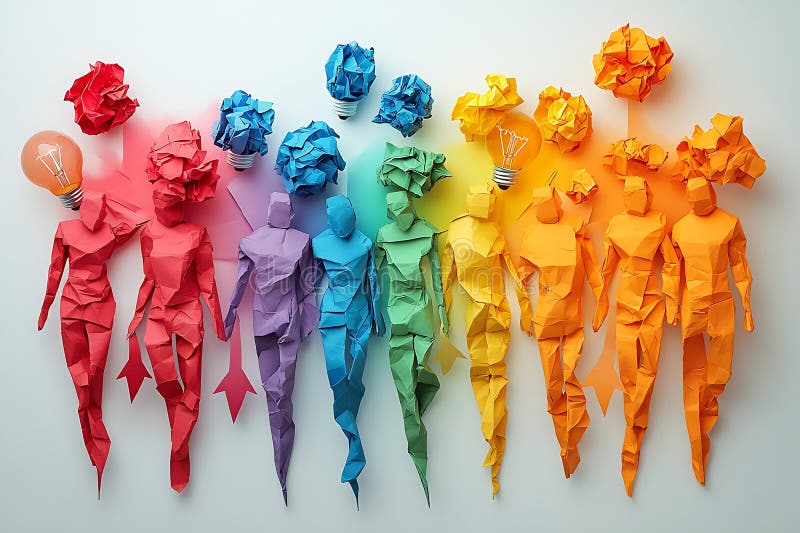 Origami people with lightbulbs and crumpled paper representing creativity royalty free illustration