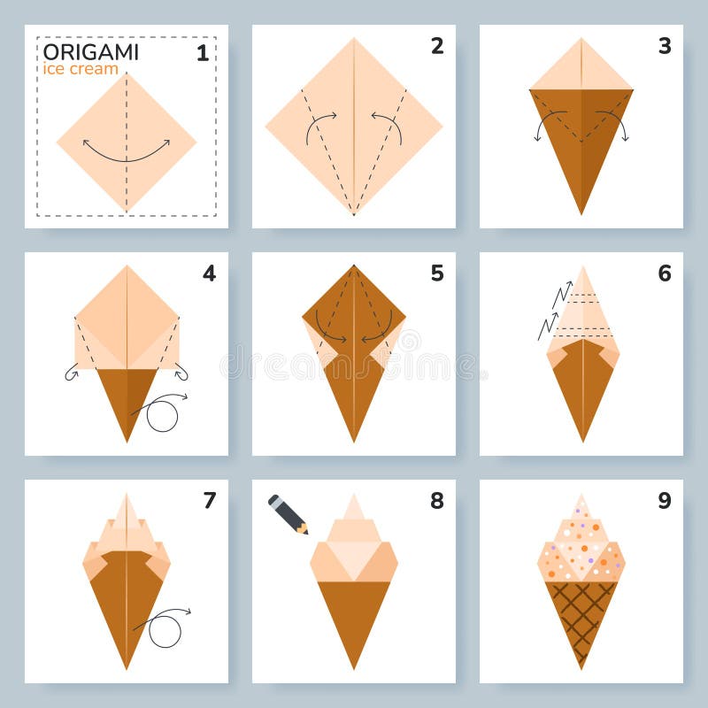 Origami tutorial for kids. Origami cute ice cream. vector illustration