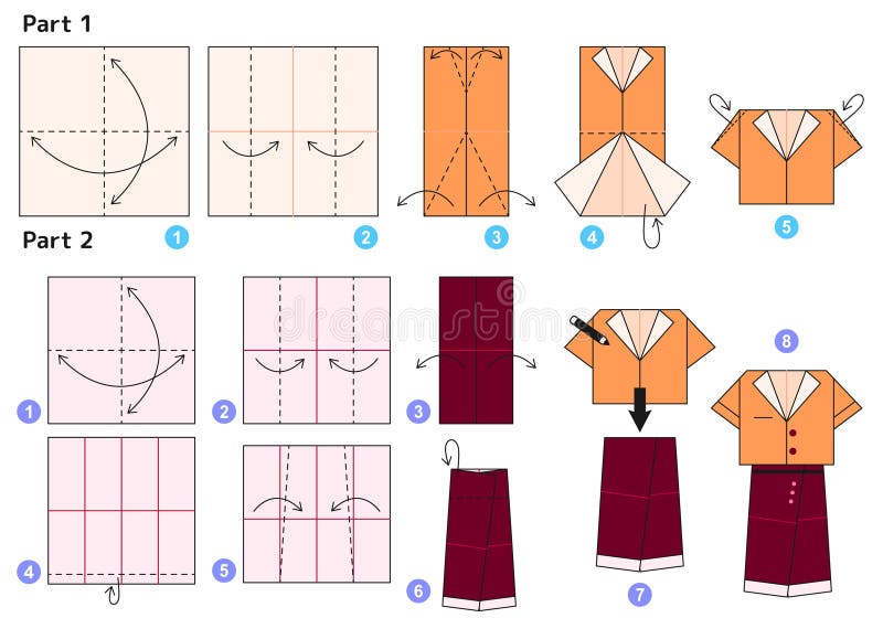 Origami Tutorial for Kids. Origami Cute Skirt and Shirt. Stock ...