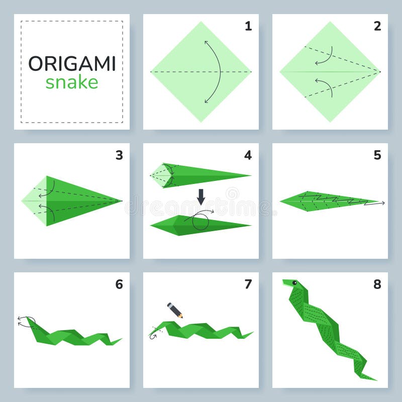 Snake origami scheme tutorial moving model. Origami for kids. Step by step how to make a cute origami reptile. Vector illustration. Step instructions how to make origami snake vectors