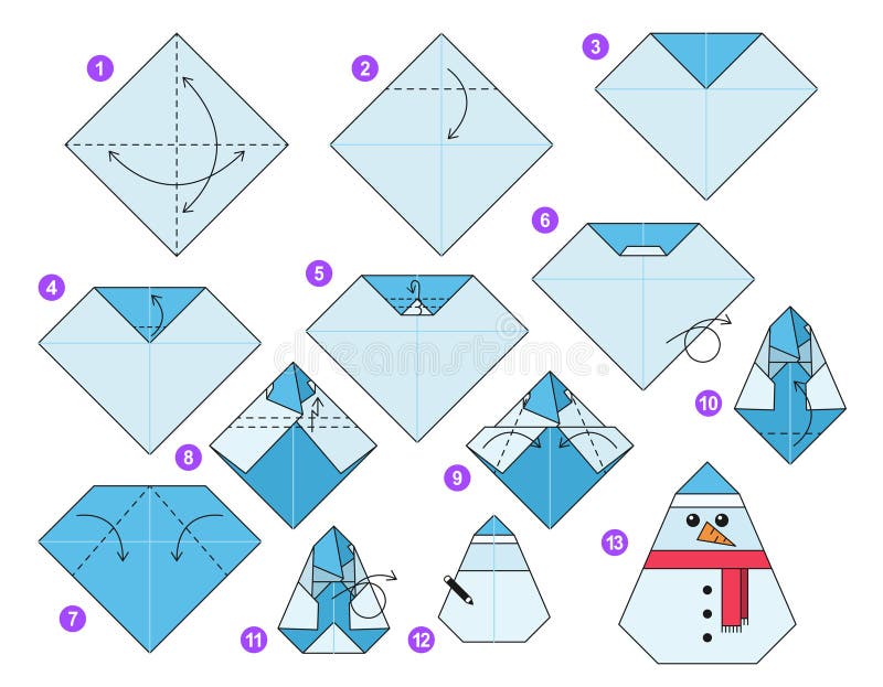 Origami tutorial for kids. Origami cute snowman. royalty free illustration
