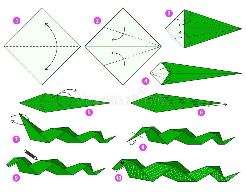 Snake origami scheme tutorial moving model. Origami for kids. Step by step how to make a cute origami reptile. Vector illustration. Step instructions how to make origami snake vectors