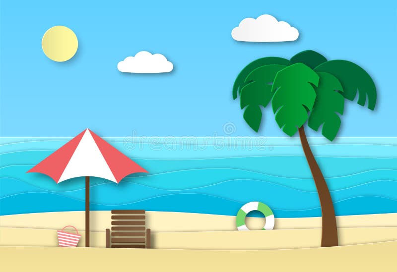 Origamihavsstrand Abstrakt landskap för sommarsemester med sand, havvågor och solen Sommartid kopplar av konst för papper 3d royaltyfri illustrationer Origamihavsstrand Abstrakt landskap för sommarsemester med sand, havvågor och solen Sommartid kopplar av konst för papper 3d royaltyfri illustrationer