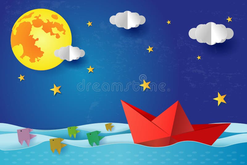 Origamin skyler ?ver brister fartyget p? natten p? det bl?a havshavet Overklig seascape med fullmånen med moln och stjärnan, papp stock illustrationer Origamin skyler ?ver brister fartyget p? natten p? det bl?a havshavet Overklig seascape med fullmånen med moln och stjärnan, papp stock illustrationer