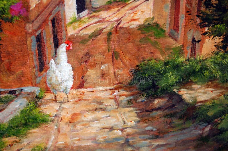 Detail of an original acrylic painting showing a chicken in a village street. Acrylic illustrations