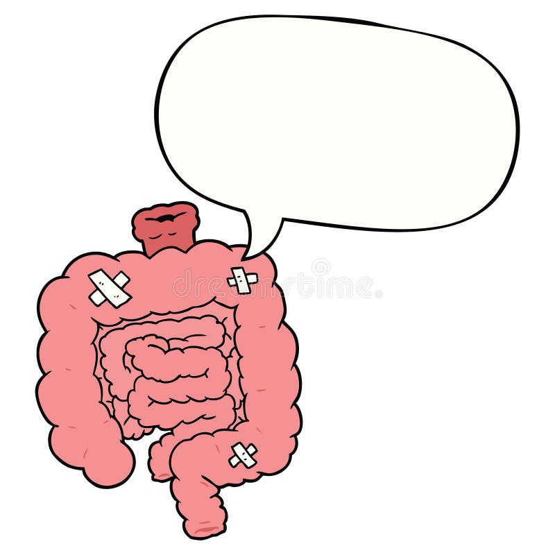 A creative cartoon repaired intestines and speech bubble