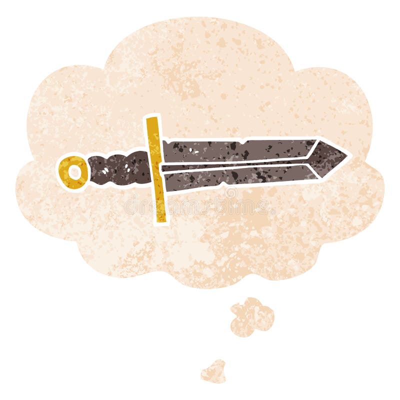 A Creative Cartoon Sword and Thought Bubble in Retro Textured Style
