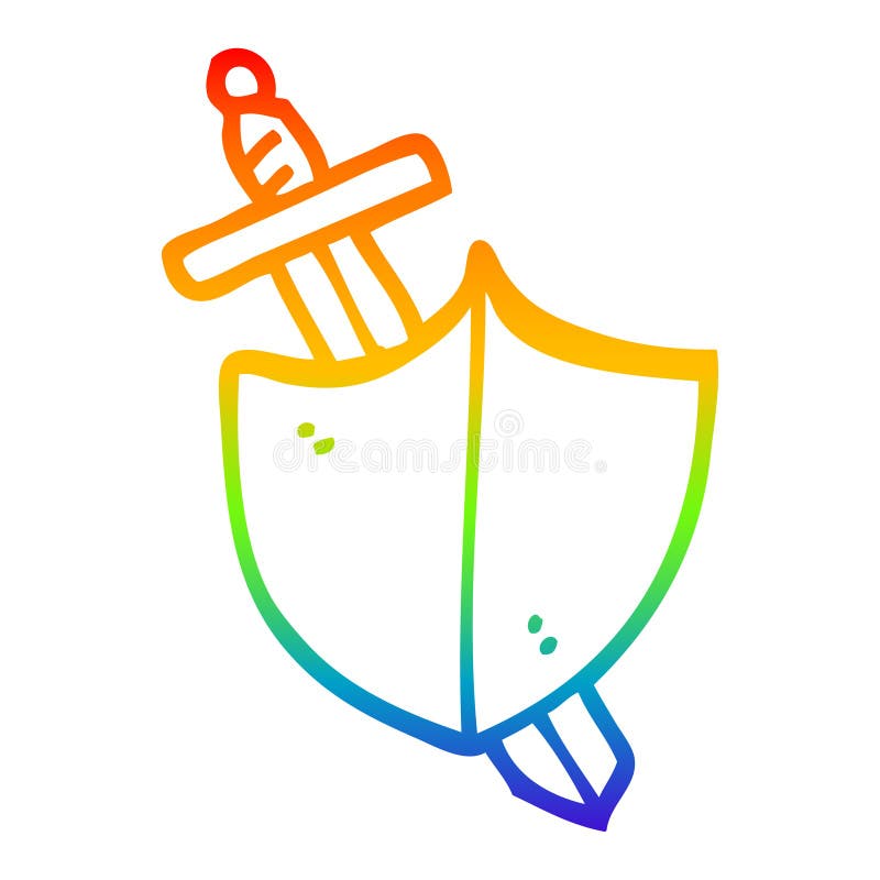 A creative rainbow gradient line drawing cartoon sword and shield