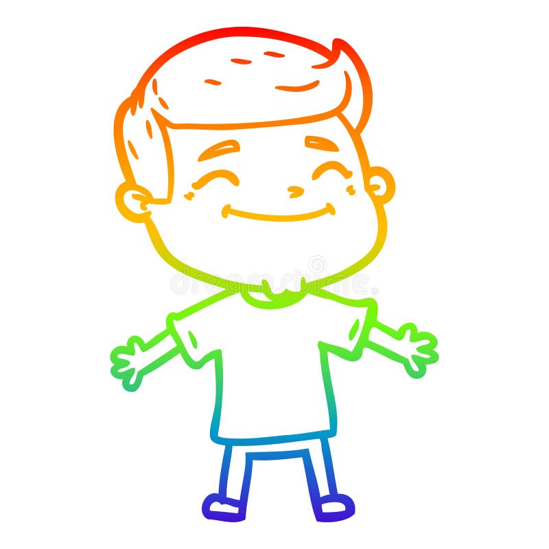 A creative rainbow gradient line drawing happy cartoon man with open arms