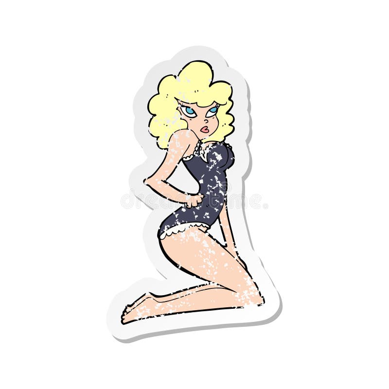 A creative retro distressed sticker of a cartoon pin-up woman