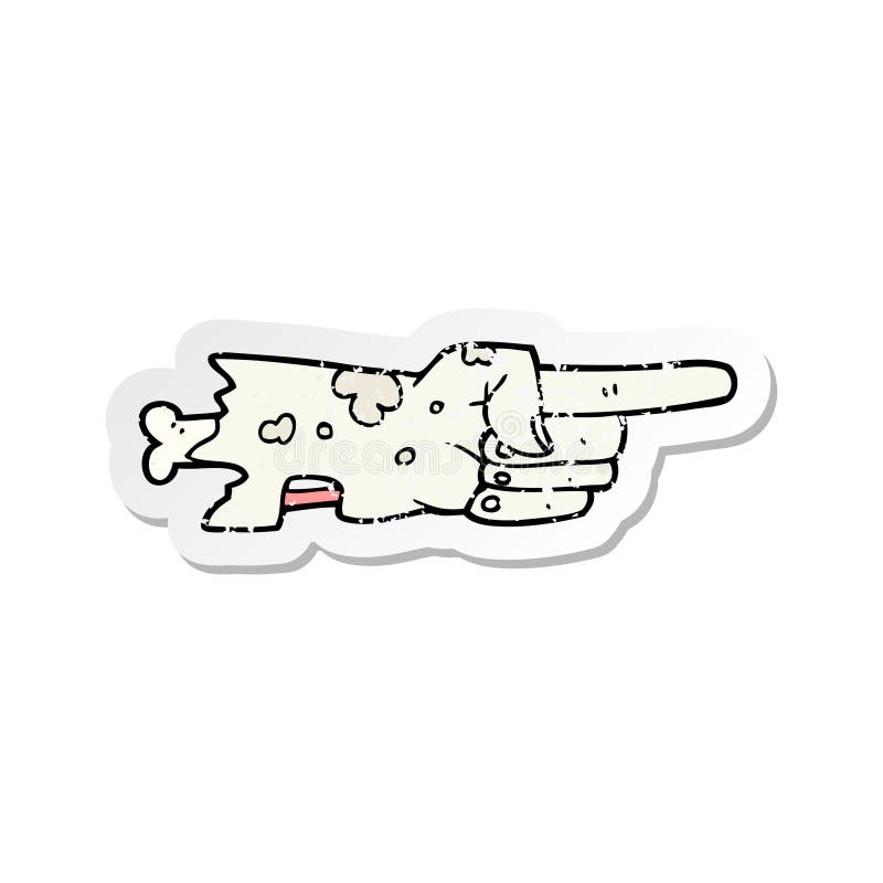 A creative retro distressed sticker of a cartoon pointing zombie hand