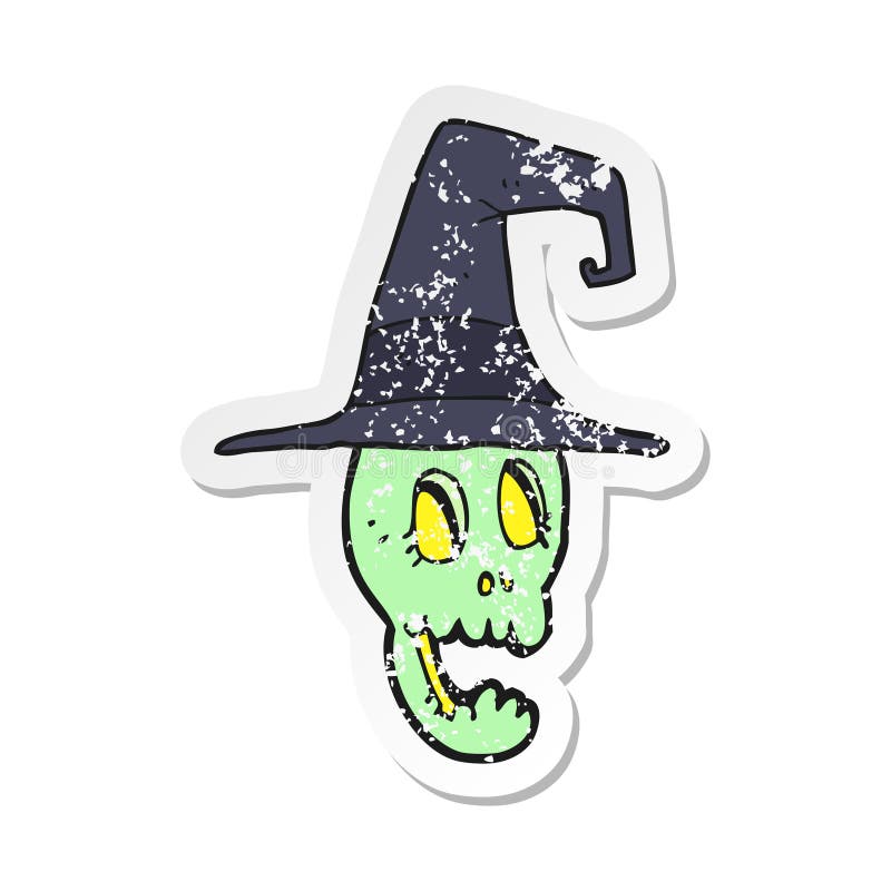 A creative retro distressed sticker of a cartoon skull wearing witch hat