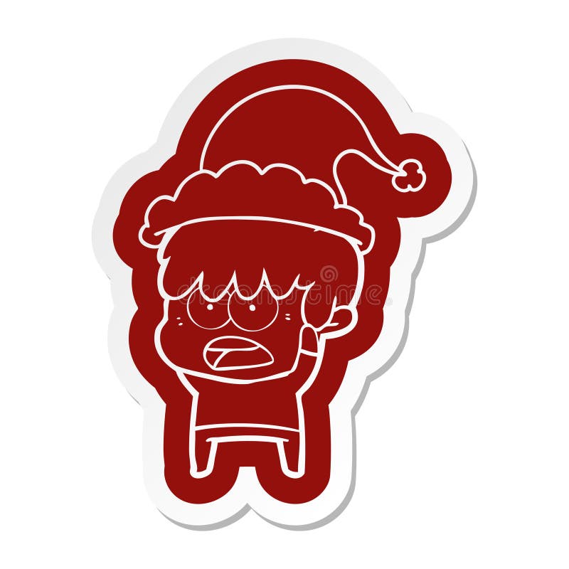 A creative worried cartoon  sticker of a boy wearing santa hat