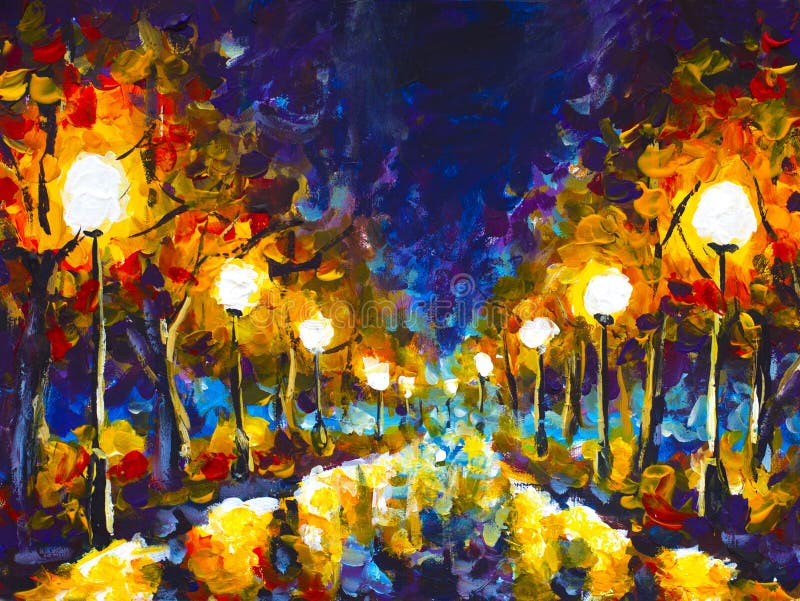 Original expressionism oil painting evening park cityscape, beautiful reflection on wet asphalt on canvas. Abstract violet-orange lonely night park. Palette knife artwork. Impressionism. Art.