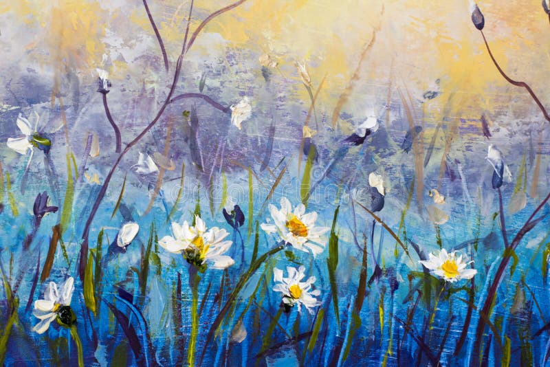 Pôvodnej kvety olej maľovanie kvety, harmanček malé biely kvetina na modrý.