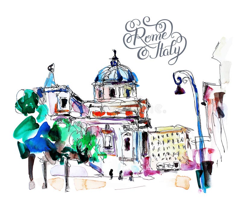 Original- frihandsvattenfärgloppkort från Rome Italien med mummel royaltyfri illustrationer Original- frihandsvattenfärgloppkort från Rome Italien med mummel royaltyfri illustrationer