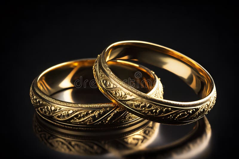 Original Gold Wedding Rings on a Dark Background. Neural Network AI Generated Stock Photo