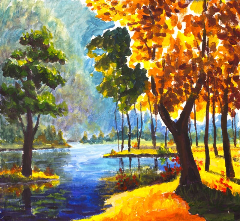 Original handpainted Oil Painting sunny big autumn orange tree, Green Pine Tree on canvas - colorful trees, blue mountain river