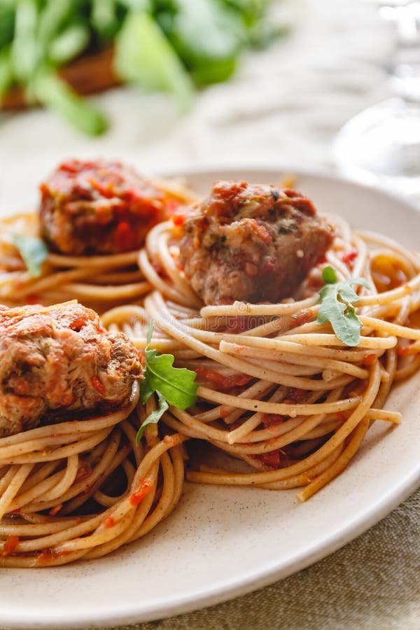 Original Italian Spaghetti with Meatballs in Tomato Sauce Stock Photo