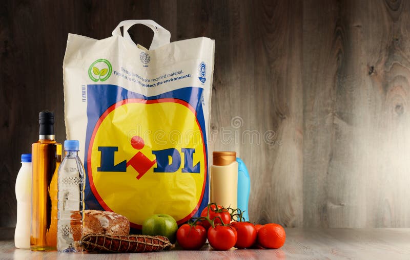 Original Lidl Plastic Shopping Bag and Products Editorial Stock Photo