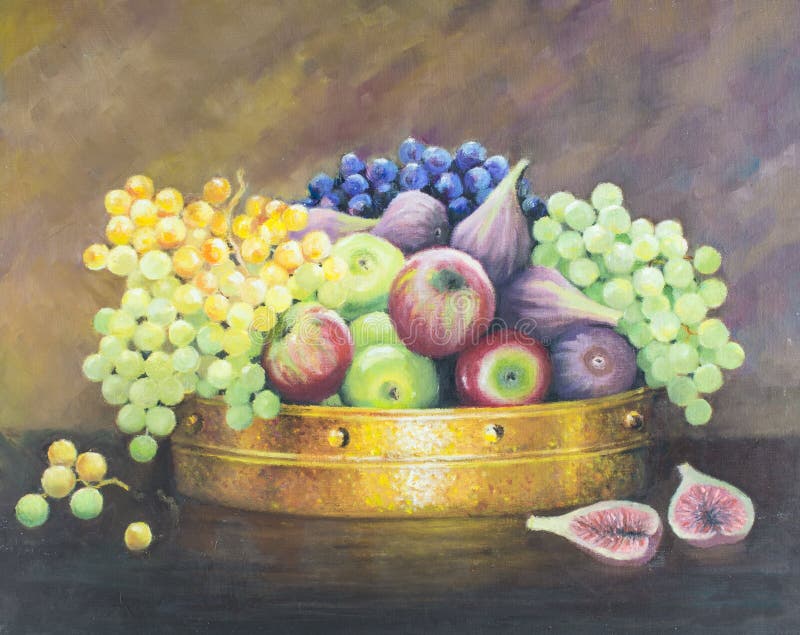 Original oil painting on canvas - Still life with fruit in copper pan on dark brown background. Red apples, green and blue grapes