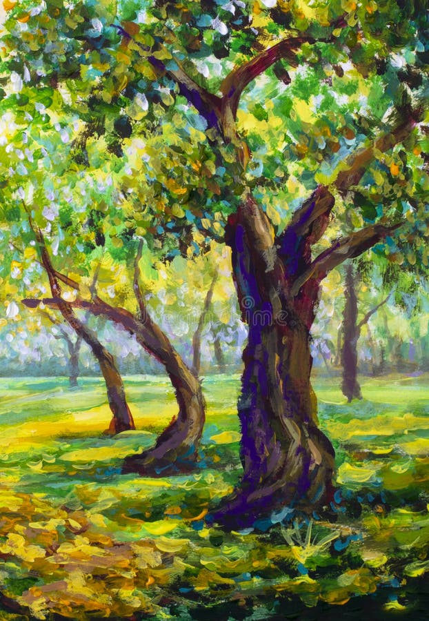Perfect Oil painting happy people under the big trees in summer landscape canvas 