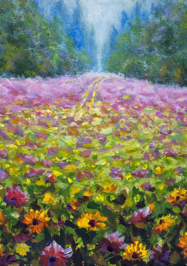 Meadow Painting Flowers Painting Original Art Tuscany wall art Lavender wall art Landscape Wall Art Impasto Landscape painting