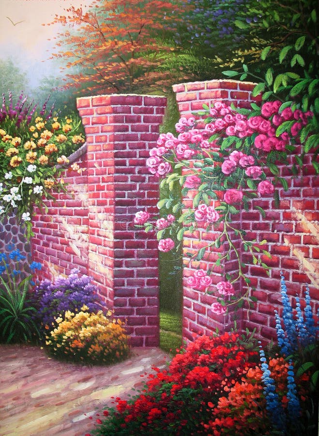 Original Oil Painting Rose Garden Stock Illustration - Illustration of ...