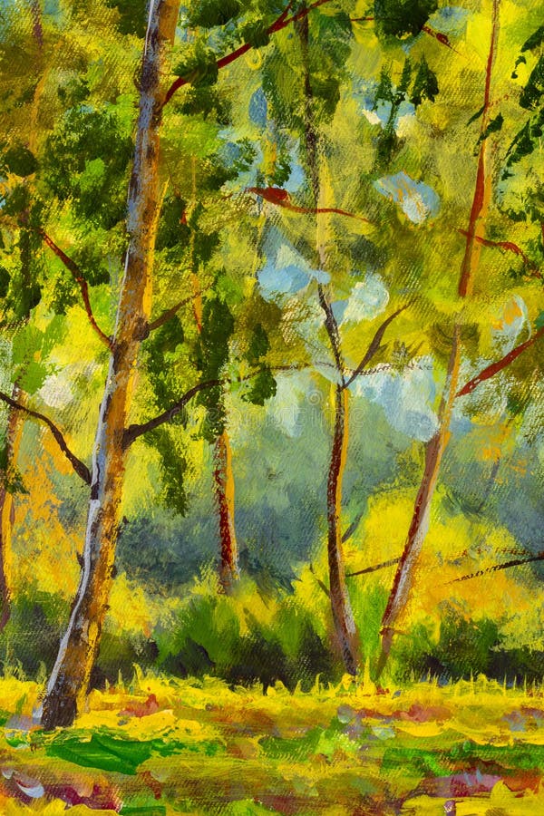 Original oil painting sunny Forest landscape, green nature, park alley - Art Sunny spring birch trees in a sunny green forest artwork - spring lush beautiful scenery illustration