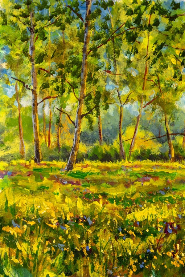 Original oil painting sunny Forest landscape, green nature, park alley - Art Sunny spring birch trees in a sunny green forest artwork - spring lush beautiful scenery illustration