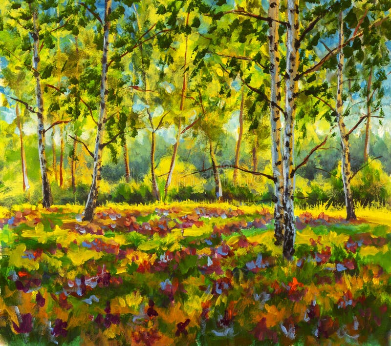 Original oil painting sunny Forest landscape, green nature, park alley - Art Sunny spring birch trees in a sunny green forest artwork - spring lush beautiful scenery illustration