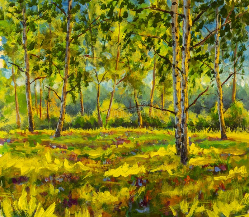 Original oil painting sunny Forest landscape, green nature, park alley - Art Sunny spring birch trees in a sunny green forest artwork - spring lush beautiful scenery illustration