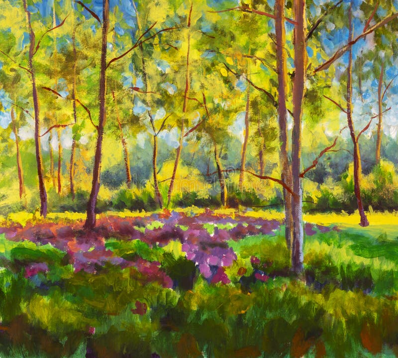 Original oil painting sunny Forest landscape, green nature, park alley - Art Sunny spring birch trees in a sunny green forest artwork - spring lush beautiful scenery illustration