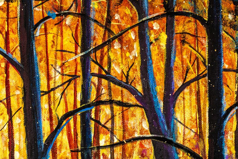 Original oil painting Trees and branches close up in autumn orange forest landscape tree art nature. Original oil painting Trees and branches close up in autumn orange forest landscape tree art nature
