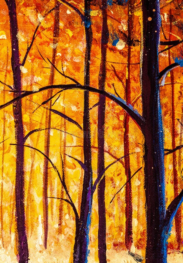 Original oil painting Trees and branches close up in autumn orange forest landscape tree art nature. Original oil painting Trees and branches close up in autumn orange forest landscape tree art nature