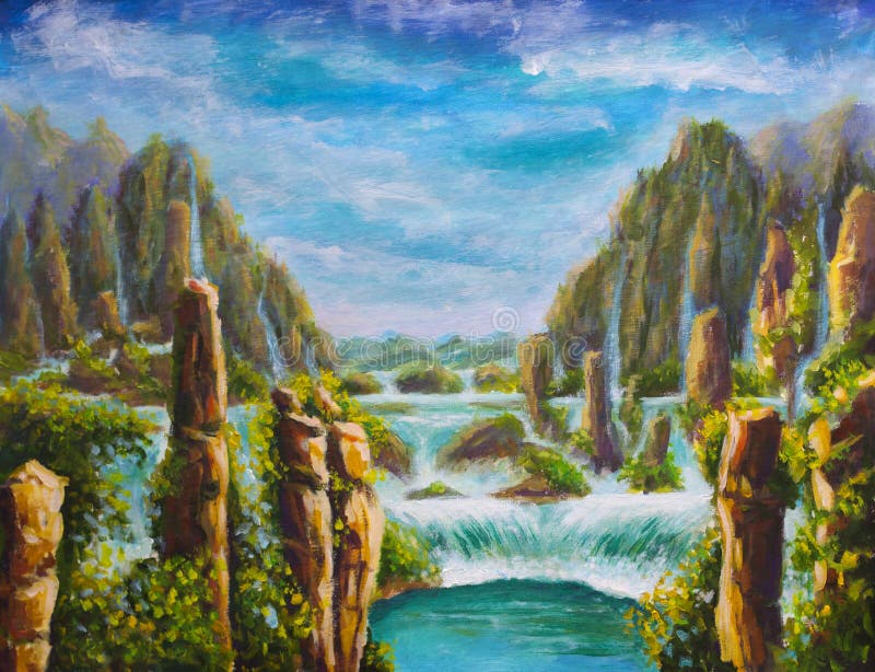 Original- olje- målning på berg för kanfashöjdpunktguling i Kina, härliga turkosvattenfall, härlig natur, drömmar, berg vektor illustrationer Original- olje- målning på berg för kanfashöjdpunktguling i Kina, härliga turkosvattenfall, härlig natur, drömmar, berg vektor illustrationer