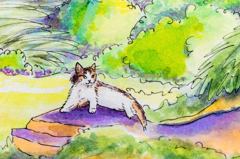Original painting of a cat lying down outside. stock illustration Original painting of a cat lying down outside. stock illustration