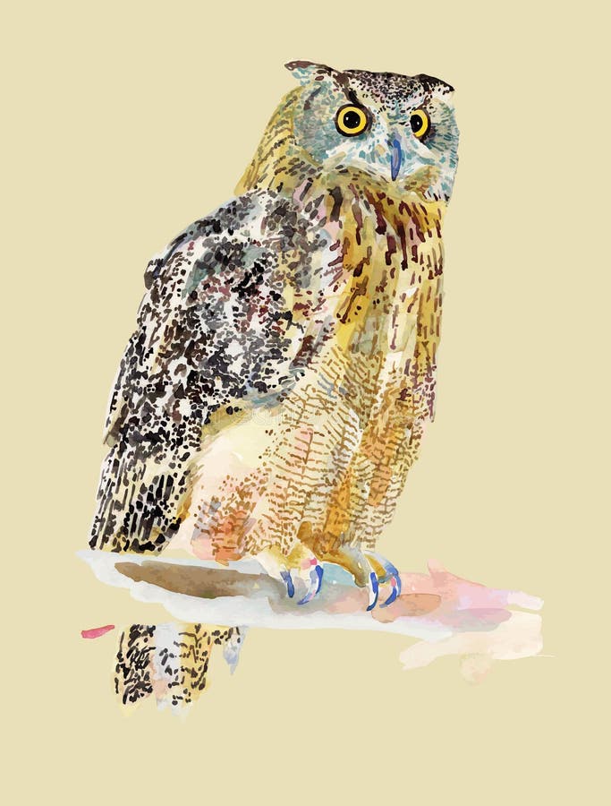 Original- vattenfärgmålning av fågeln, uggla på a royaltyfri illustrationer Original- vattenfärgmålning av fågeln, uggla på a royaltyfri illustrationer