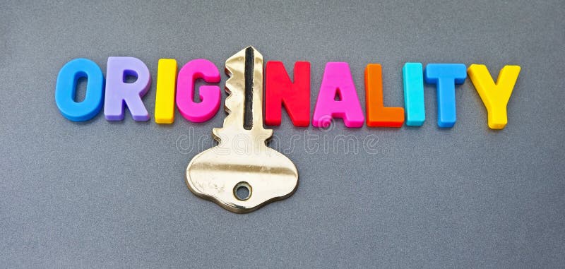 Text 'originality' with letter 'i' replaced by a gold key. Progress in business, politics and academia often depends on originality, innovative ideas, gray background. Text 'originality' with letter 'i' replaced by a gold key. Progress in business, politics and academia often depends on originality, innovative ideas, gray background.