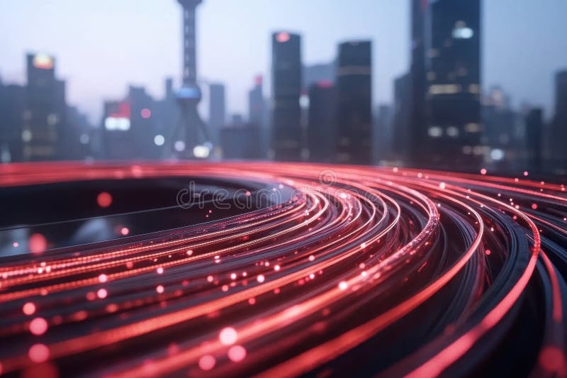 Orizont urban futurist cu trasee luminoase din fibră optică strălucitoare la apus. stock image